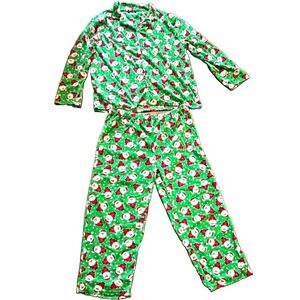 Women 2X Christmas Pajama Set Santa Green Fleece Holiday PJs Sleep Follow Me